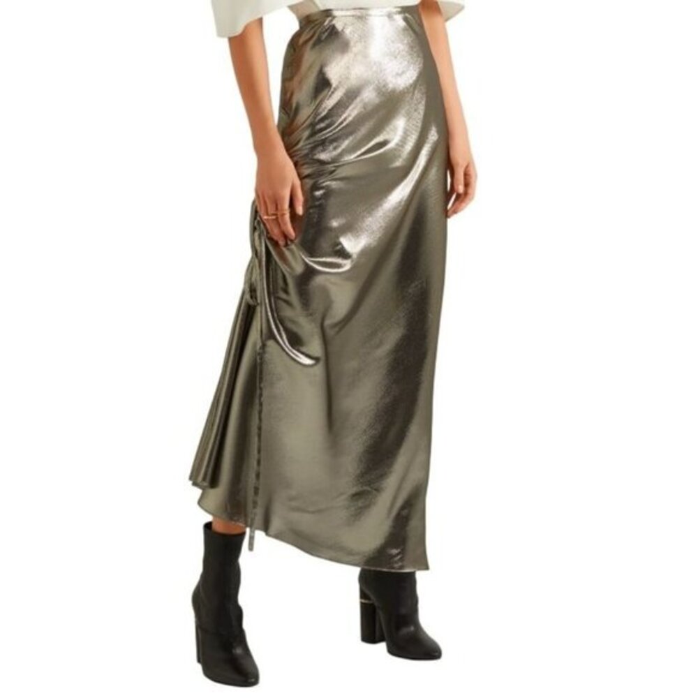 Ellery Laura Silver Lamé Ruche Slip Skirt 65% Silk US 0 Australian Coture $2195